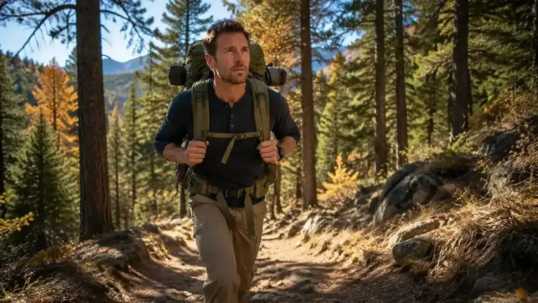 Person adjusting padded shoulder straps on a hiking backpack on a trailhead