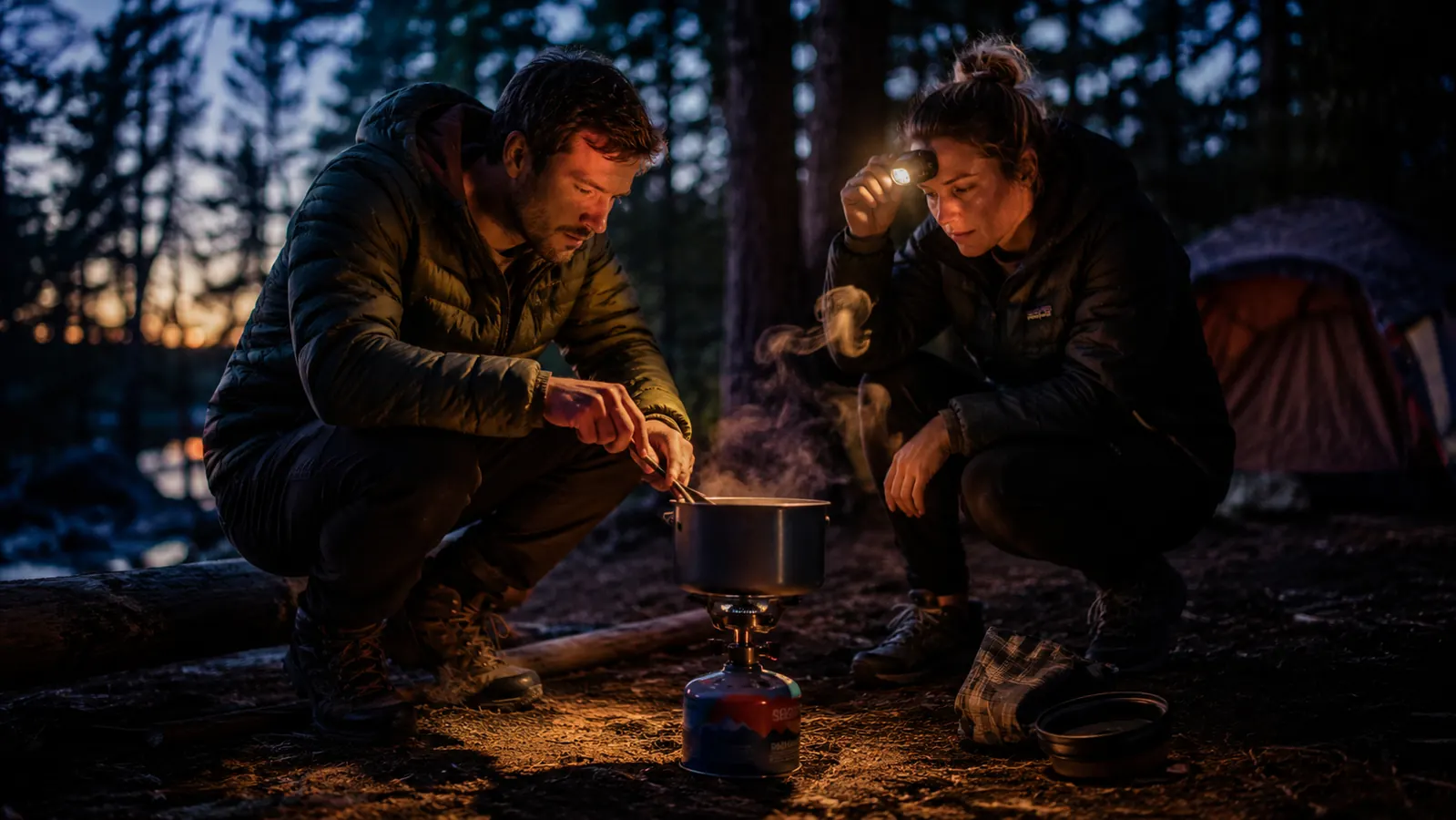 Pot of water boiling on a camp stove in cold weather, steam rising against a grey mountain backdrop