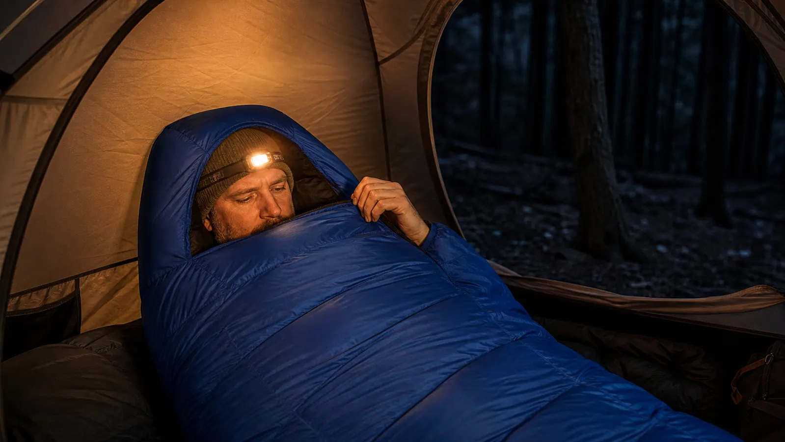 Person sliding into the Coleman North Rim mummy sleeping bag inside a tent at night