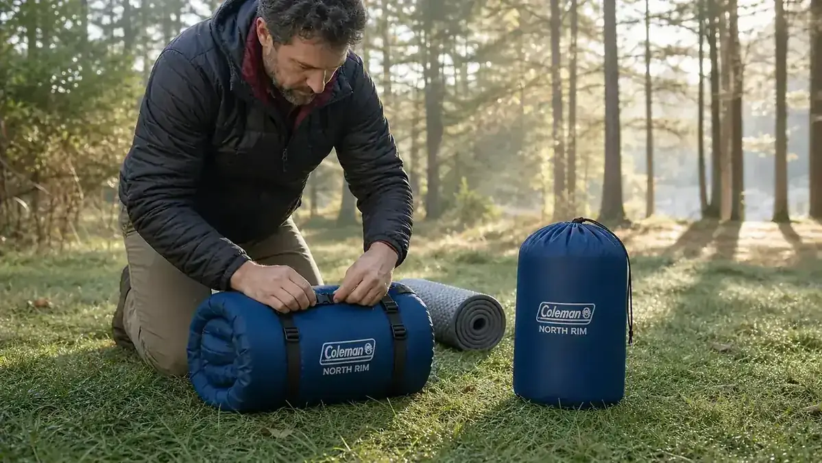 Camper sliding into a mummy sleeping bag inside a tent with a headlamp on, cold breath visible in the air