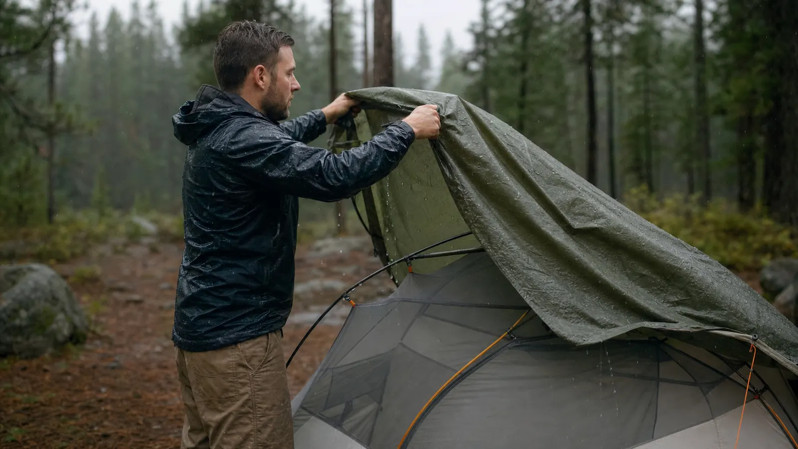 A dome tent standing dry in the rain at a campsite with water sheeting off its rainfly