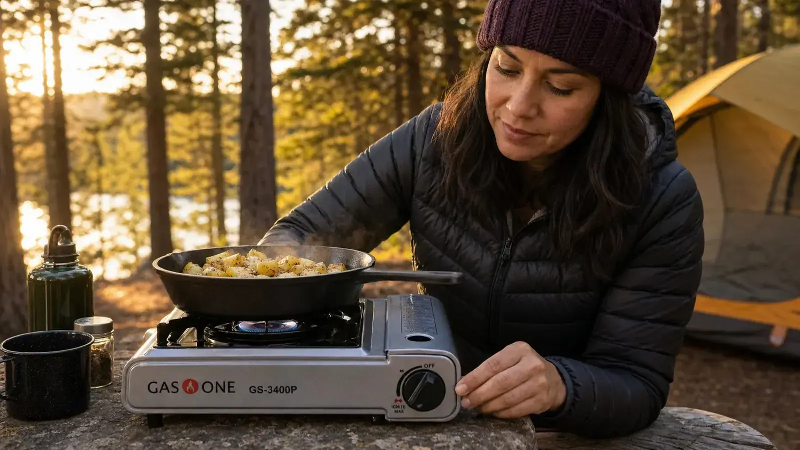 Hands connecting a green propane canister to the Gas One GS-3400P stove at a campsite