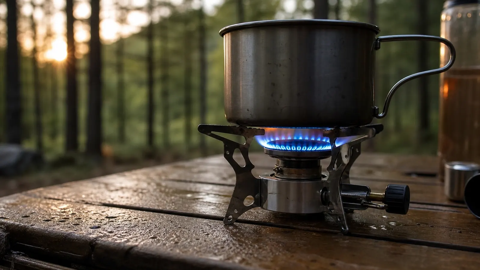 Marcus cooking scrambled eggs in a cast iron pan on a Gas One camp stove at a campsite with a mug of coffee nearby