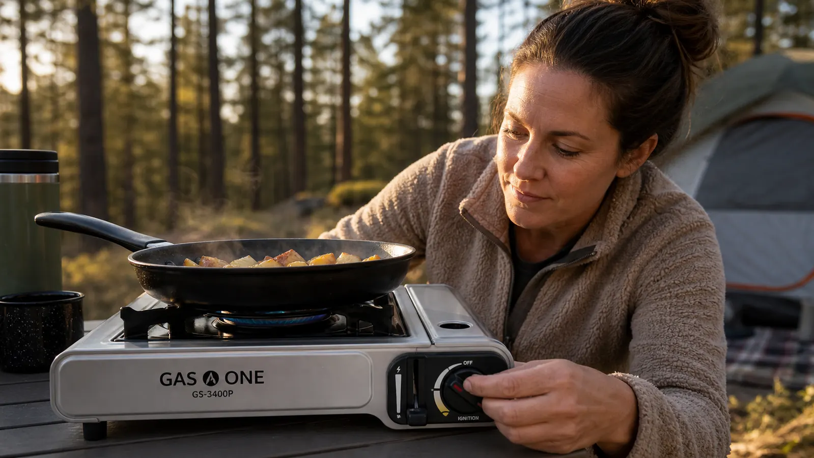 Hand connecting a green propane canister to the Gas One GS-3400P stove on a campsite table