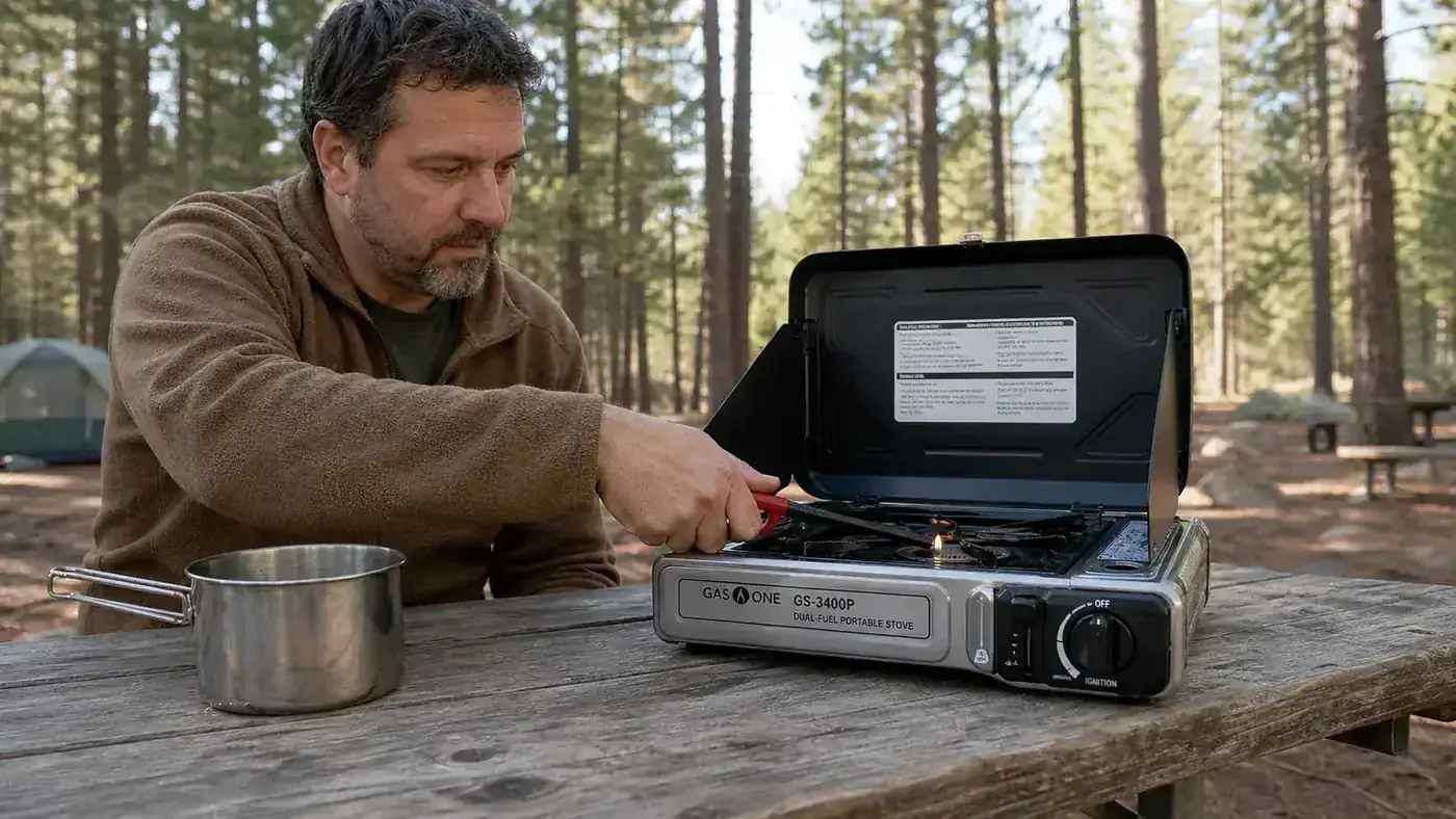 Gas One GS-3400P dual-fuel stove connected to a small butane canister on a wooden picnic table