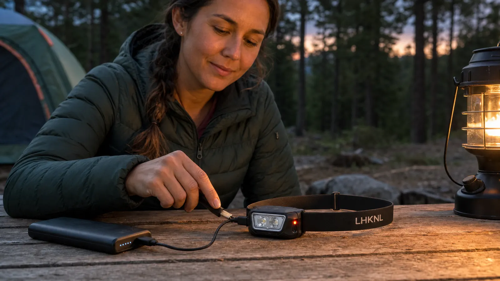 LHKNL rechargeable headlamp held in hand showing USB-C charging port and beam modes