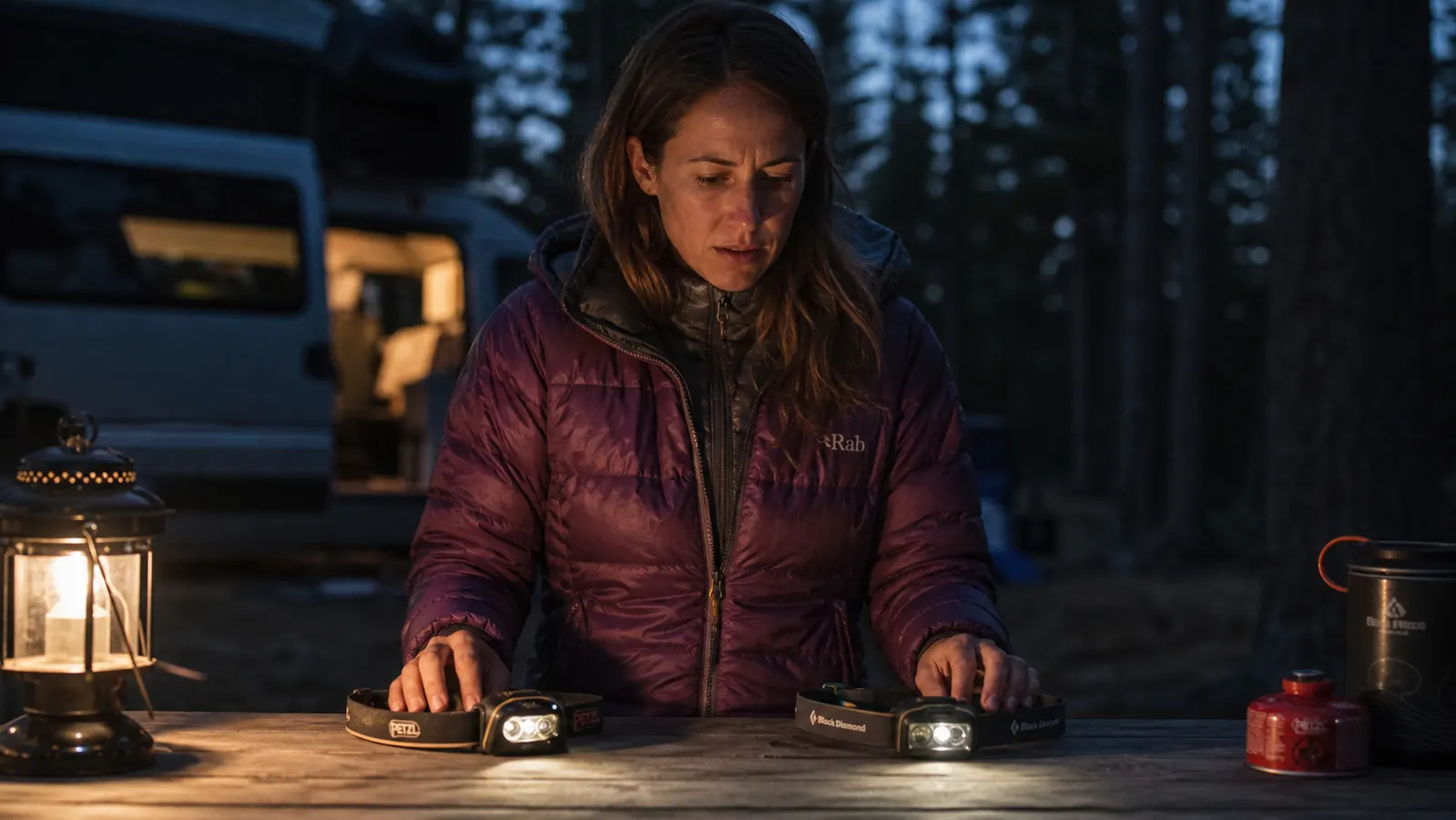 Camper on a night trail using a headlamp with red-light mode, stars visible overhead
