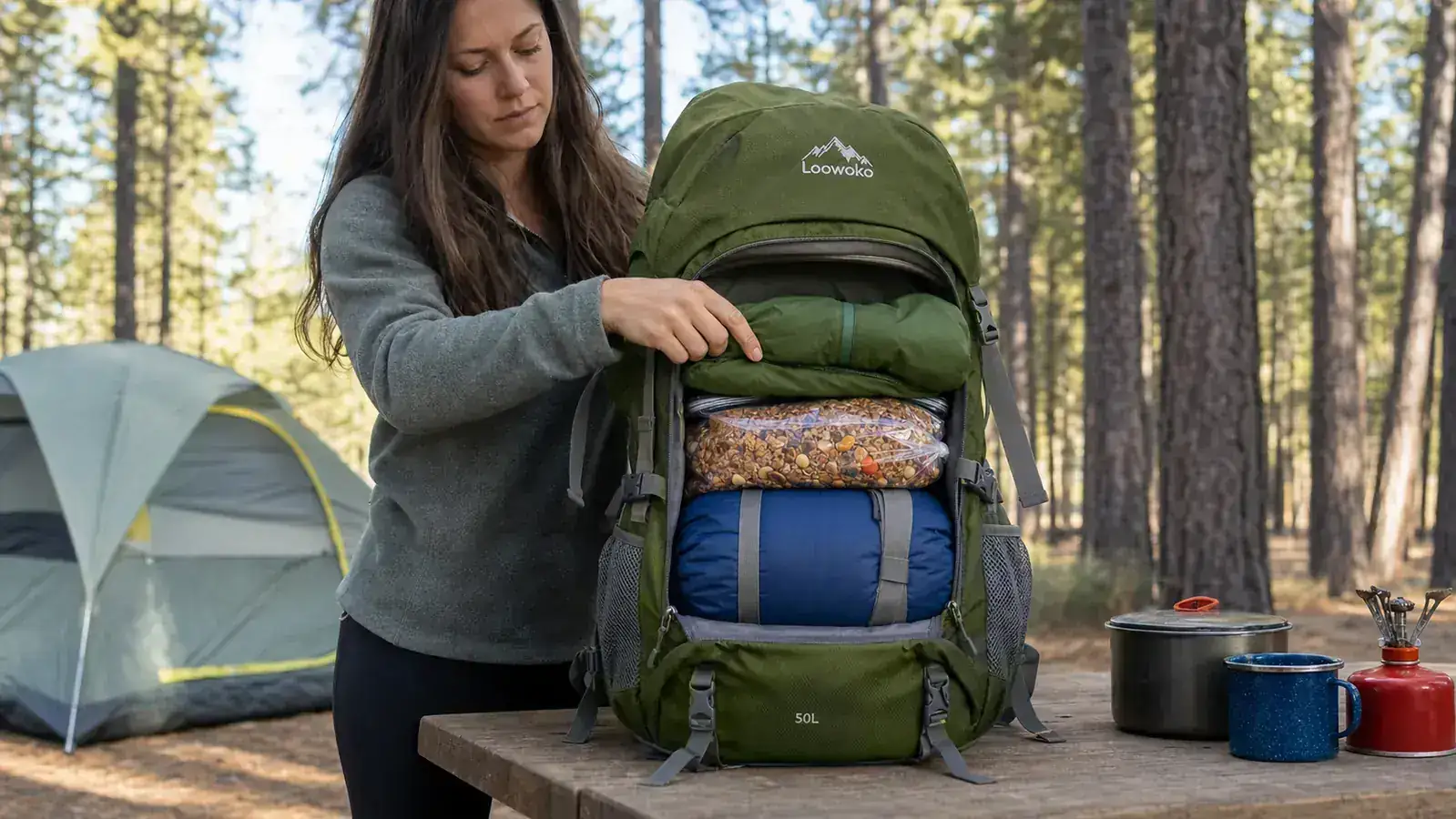 Loowoko 50L backpack open and laid flat showing internal compartment zones