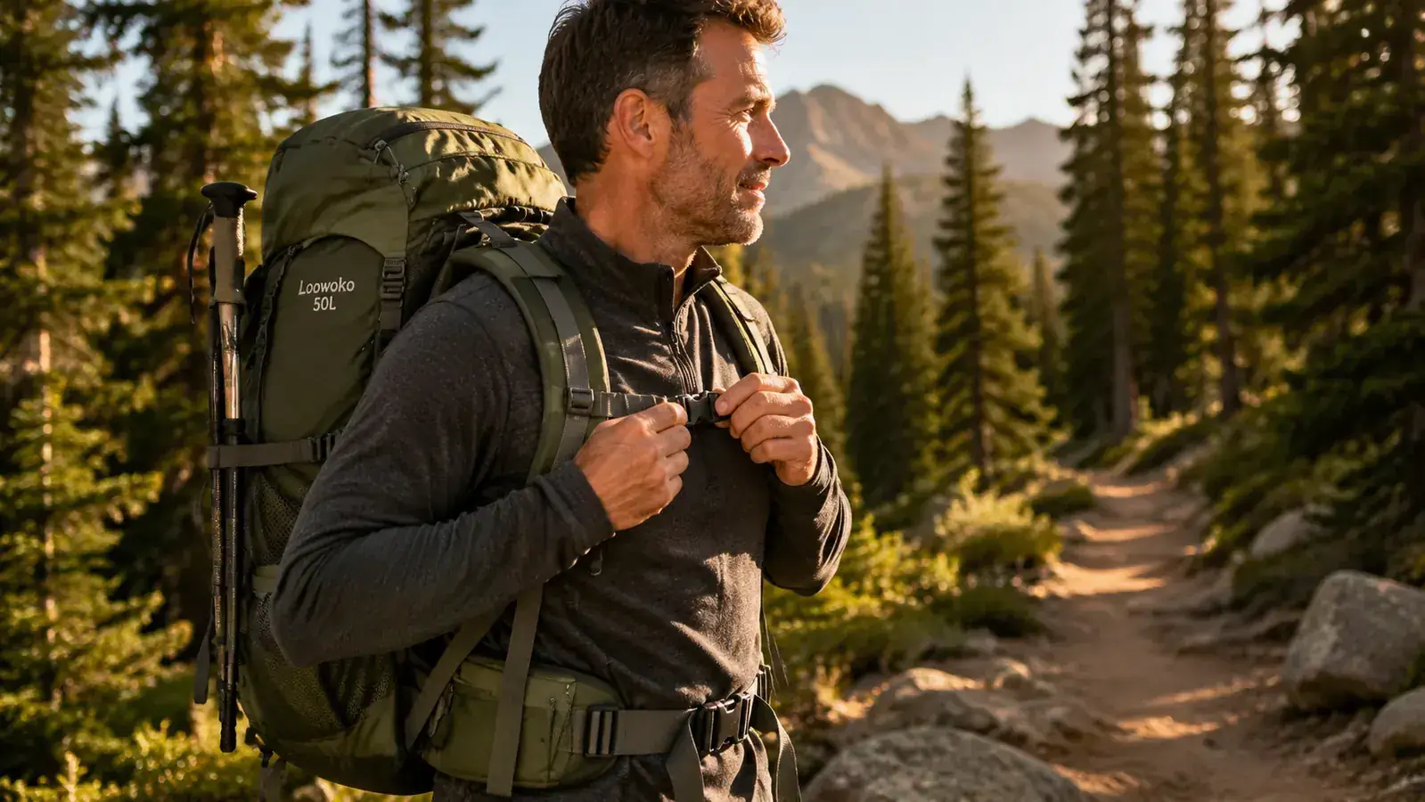Packed Loowoko 50L backpack standing upright ready to go, side compression straps cinched, rain cover attached to bottom pouch