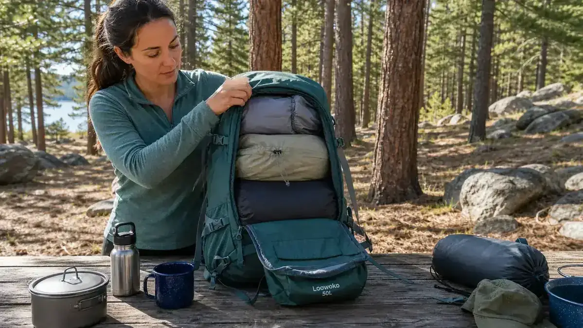 Close-up of a hand pressing on the hip belt padding of a hiking backpack on a picnic table