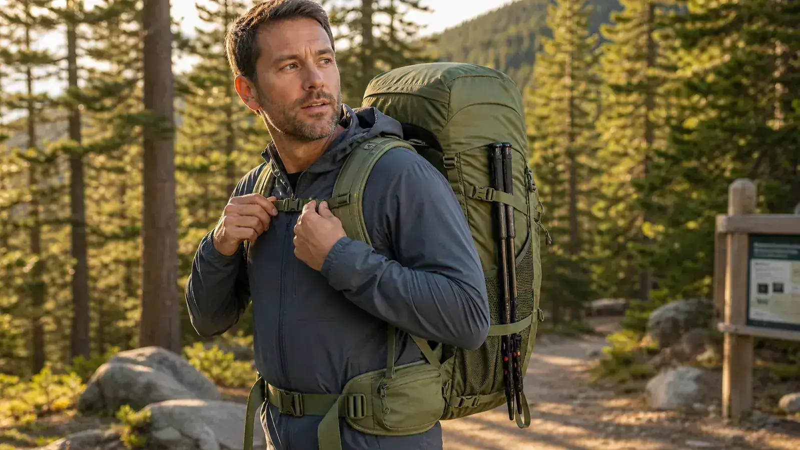 Hiker attaching a bright yellow rain cover to a backpack beside a trail sign in light rain